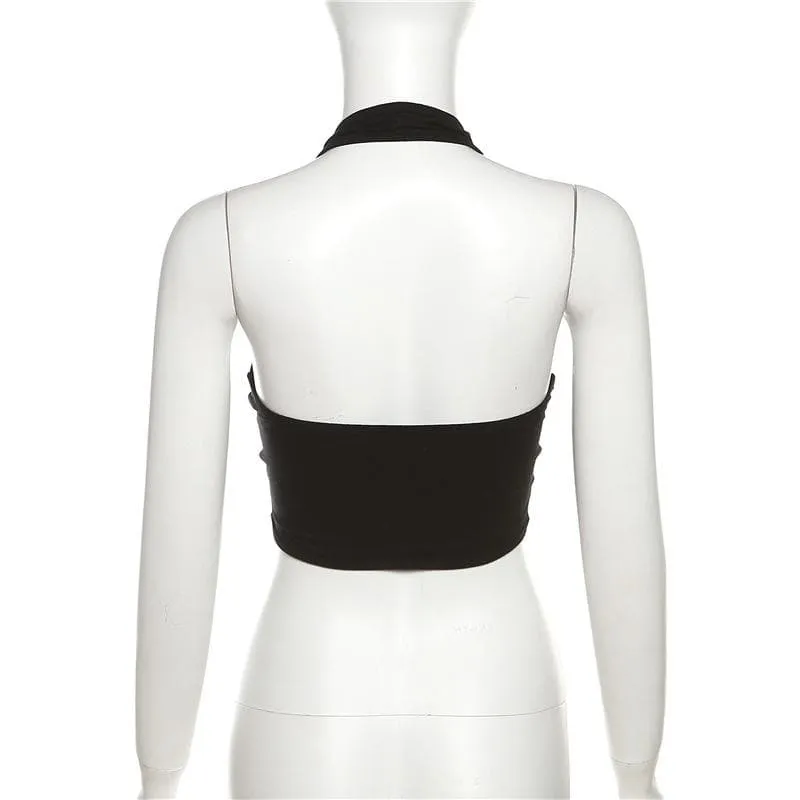 Hollow out halter backless solid cross front crop cut out top
