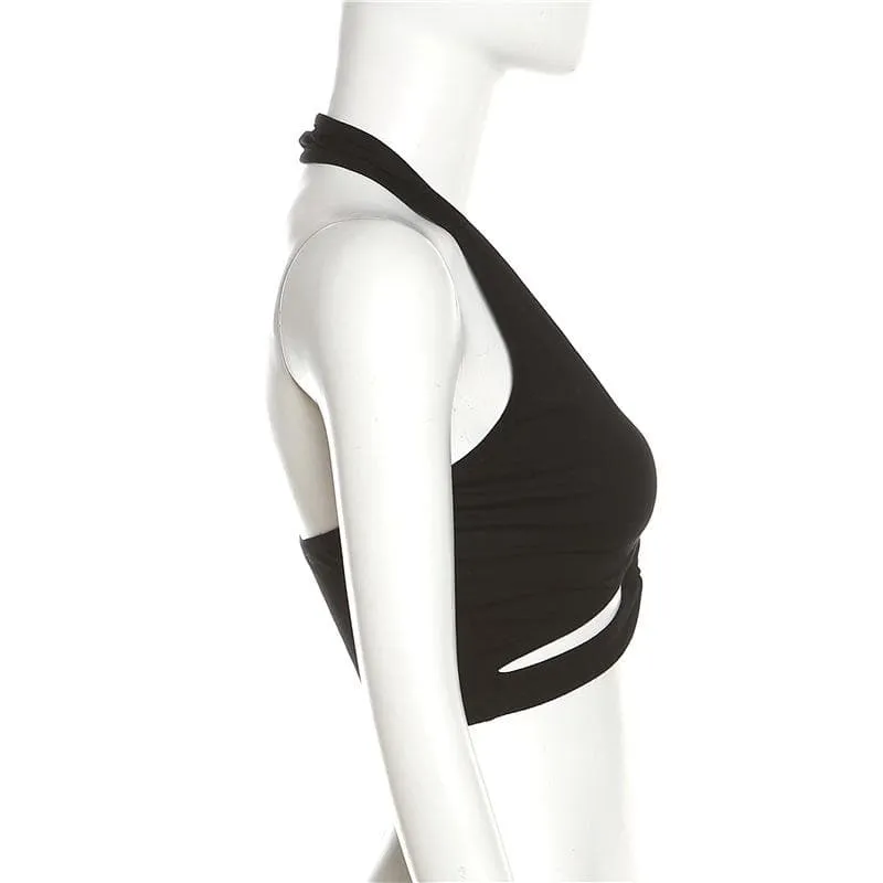 Hollow out halter backless solid cross front crop cut out top