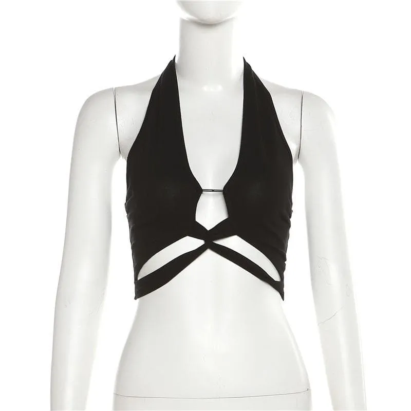 Hollow out halter backless solid cross front crop cut out top
