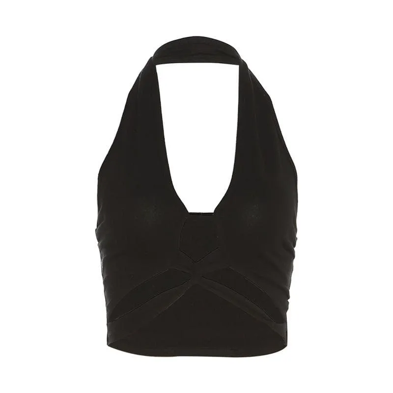 Hollow out halter backless solid cross front crop cut out top