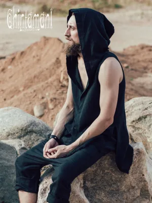 Hooded Vest Shirt for Men / Ripped Tank Top on Buttons with Huge Hood / Black