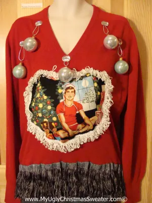 Hottie Guy Tacky Ugly Christmas Mens Sweater Dangling Fringe & 3D Ornaments (b23)