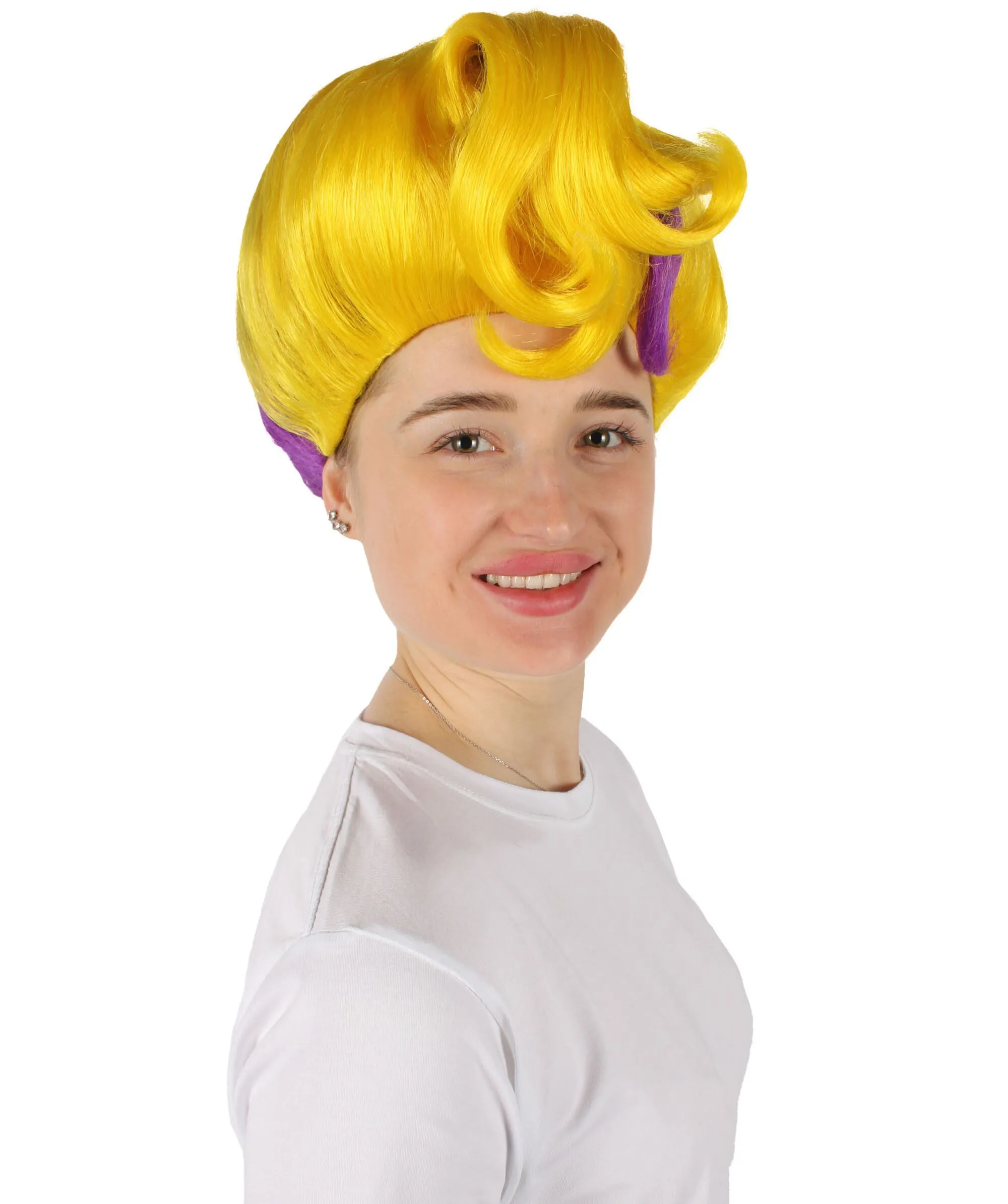 HPO Adult Women's Yellow & Purple Two Tone Wig, Perfect for Cosplay, Flame-retardant Synthetic Fiber