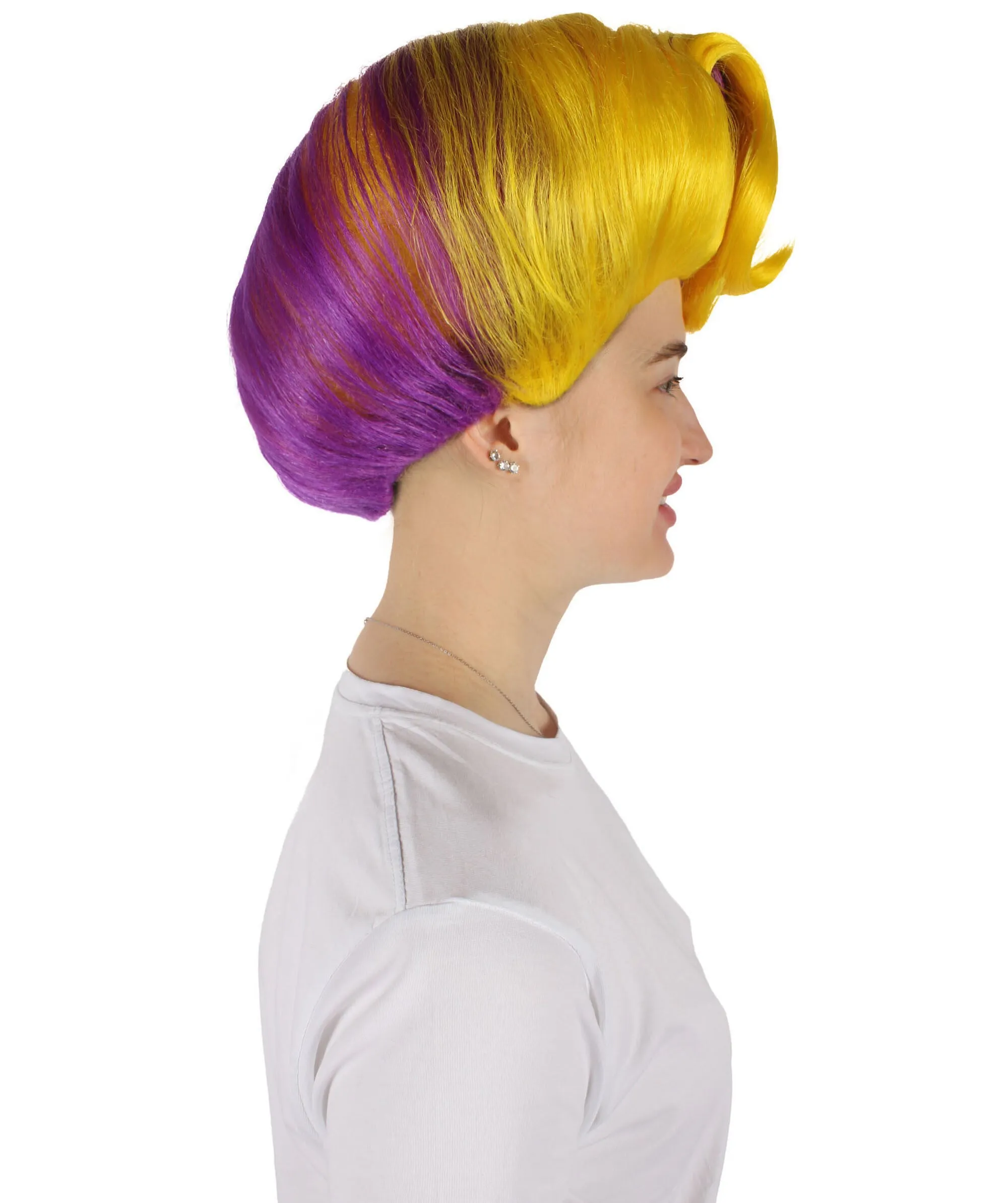 HPO Adult Women's Yellow & Purple Two Tone Wig, Perfect for Cosplay, Flame-retardant Synthetic Fiber