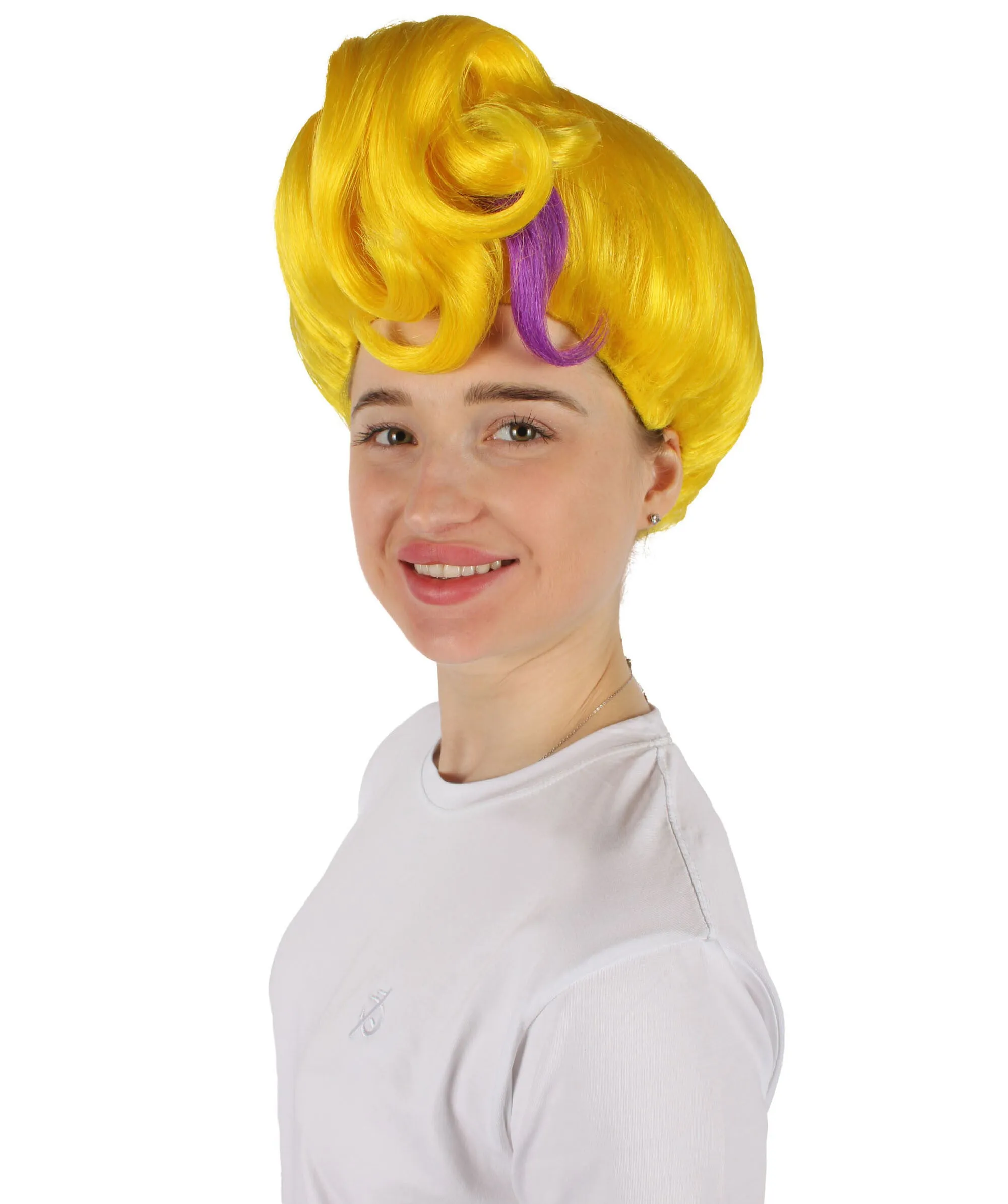 HPO Adult Women's Yellow & Purple Two Tone Wig, Perfect for Cosplay, Flame-retardant Synthetic Fiber