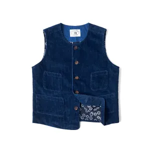 Huang's Weaving Indigo Blue Dyed Vest Heavy Cotton Corduroy Retro Casual Vest