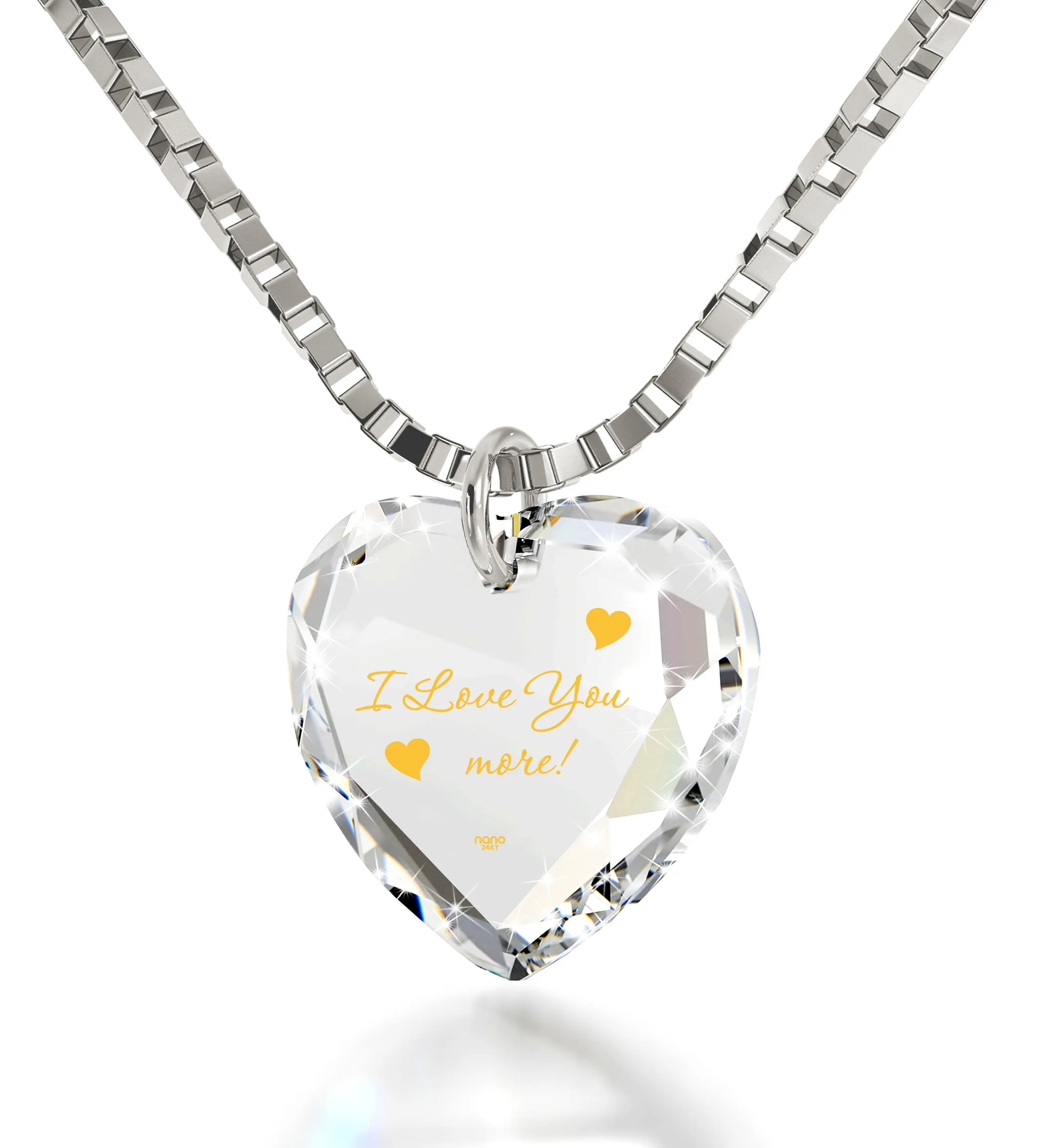 I Love You More Necklace 24k Gold Inscribed Tiny Crystal Swarovski Heart Pendant