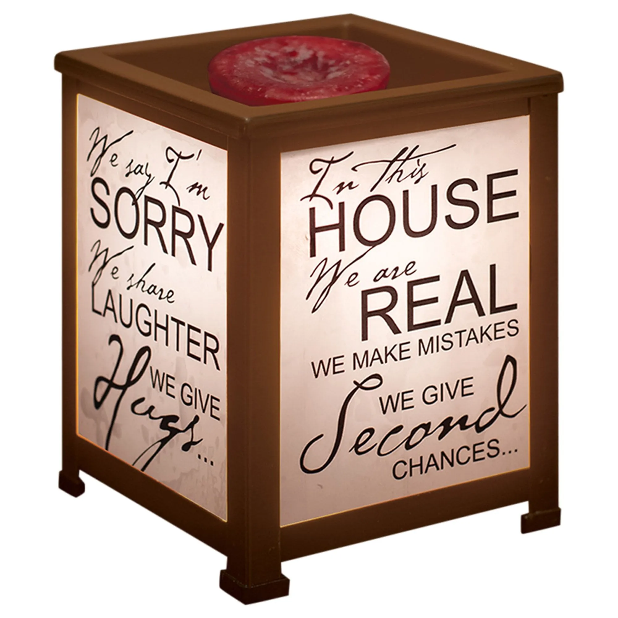 In This House We Laugh Hug and Say I'm Sorry Copper Metal Electrical Wax Tart & Oil Glass Lantern Warmer