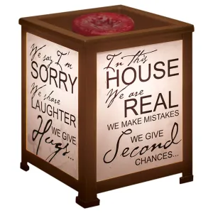 In This House We Laugh Hug and Say I'm Sorry Copper Metal Electrical Wax Tart & Oil Glass Lantern Warmer