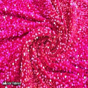 Iridescent Hot Pink Emma Stretch Velvet Fabric with Embroidery Sequin