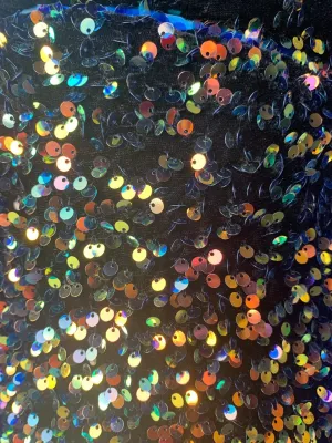 Iridescent Rainbow Mermaid Sequin on Black Stretch Velvet Spandex Fabric