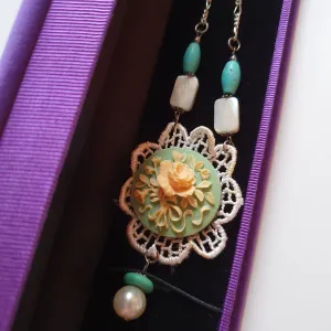Ivory/Mint Green Rose cabochon with flower lace necklace