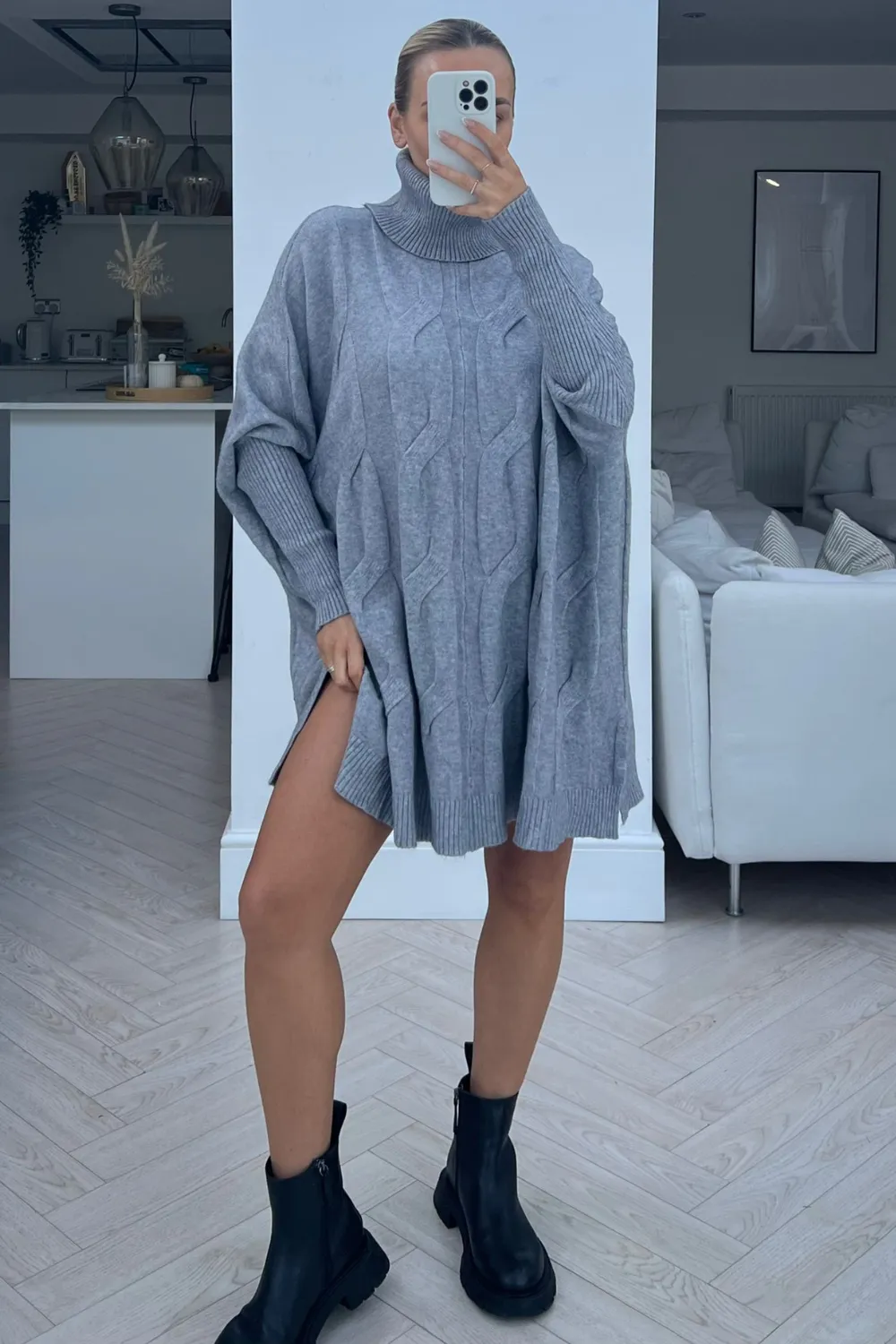 jayda grey cable knit roll neck jumper