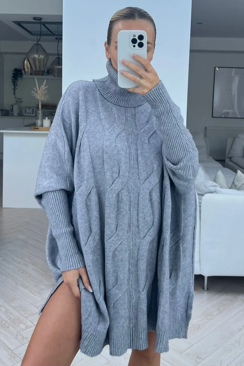jayda grey cable knit roll neck jumper