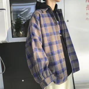 Jinquedai 90s fashion men Hong Kong Style Casual plus Size Neutral Loose Brushed Woolen Plaid Thickened Long Sleeve Shirt for Men