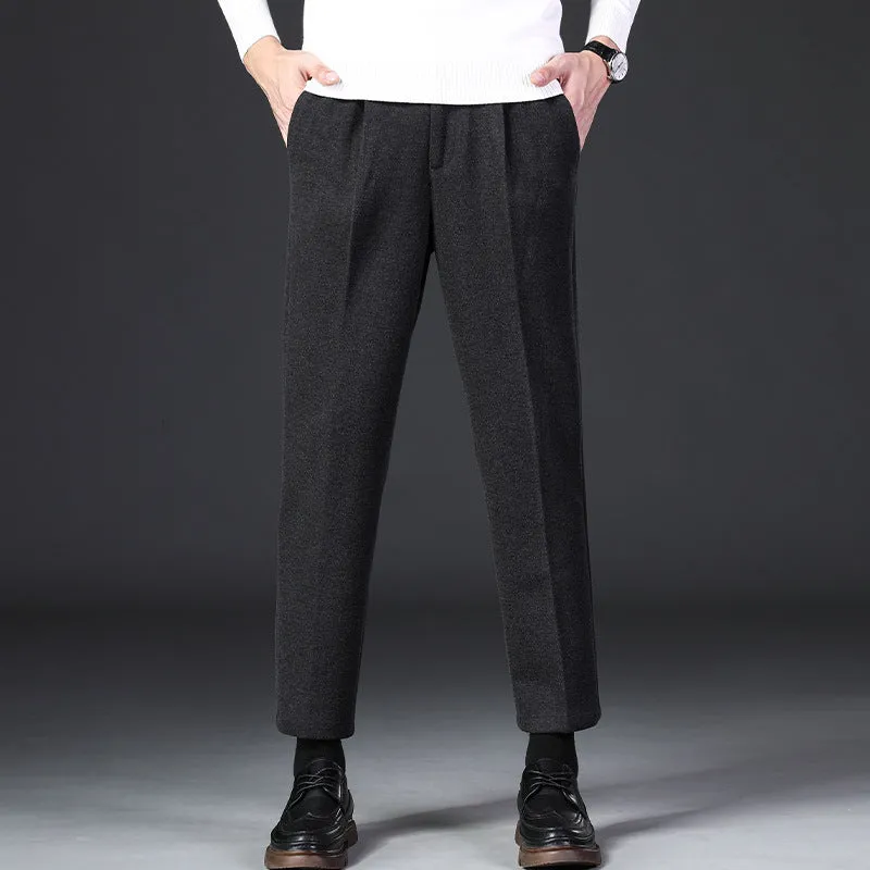 Jinquedai old money outfits men New Thickened Men's Casual Pants Loose Straight Woolen Men's Pants Autumn and Winter Fleece-lined Light Mature Wind Draping Small Suit Pants