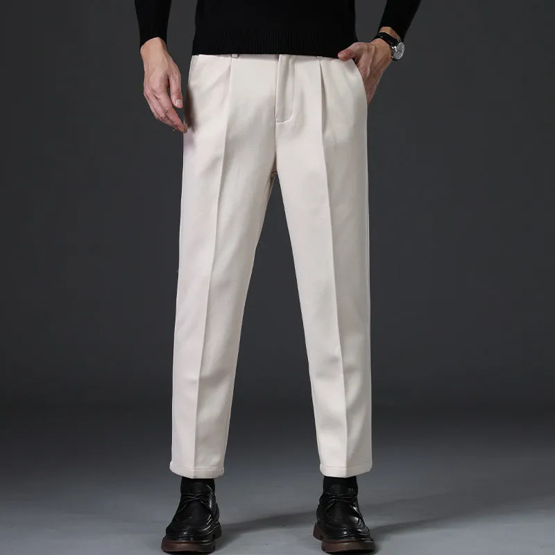 Jinquedai old money outfits men New Thickened Men's Casual Pants Loose Straight Woolen Men's Pants Autumn and Winter Fleece-lined Light Mature Wind Draping Small Suit Pants