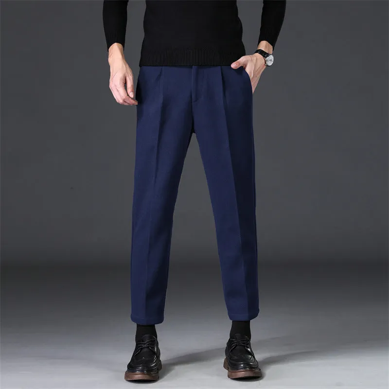 Jinquedai old money outfits men New Thickened Men's Casual Pants Loose Straight Woolen Men's Pants Autumn and Winter Fleece-lined Light Mature Wind Draping Small Suit Pants