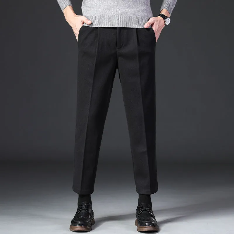 Jinquedai old money outfits men New Thickened Men's Casual Pants Loose Straight Woolen Men's Pants Autumn and Winter Fleece-lined Light Mature Wind Draping Small Suit Pants