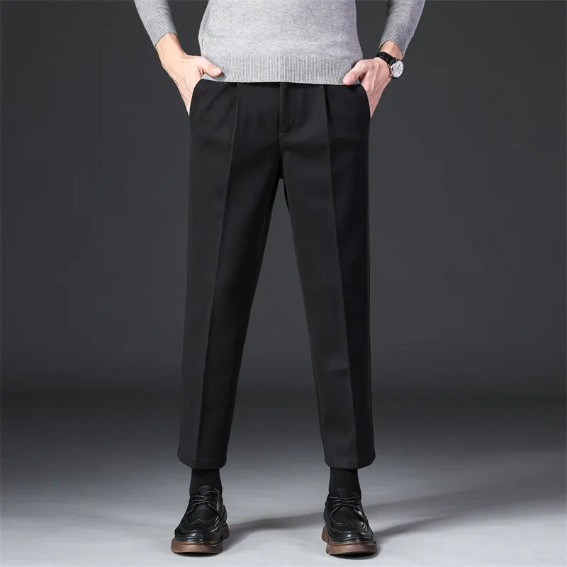 Jinquedai old money outfits men New Thickened Men's Casual Pants Loose Straight Woolen Men's Pants Autumn and Winter Fleece-lined Light Mature Wind Draping Small Suit Pants