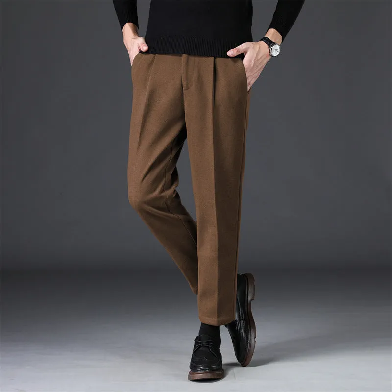 Jinquedai old money outfits men New Thickened Men's Casual Pants Loose Straight Woolen Men's Pants Autumn and Winter Fleece-lined Light Mature Wind Draping Small Suit Pants
