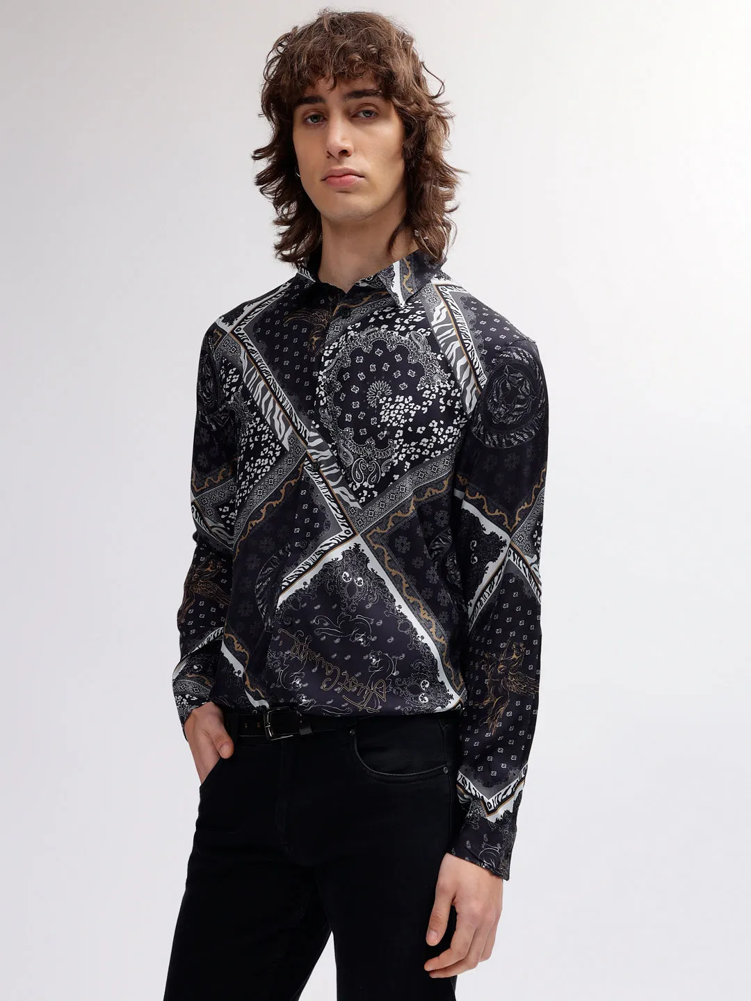 Just Cavalli Men Navy Blue Printed Spread Collar Regular Fit Full Sleeves Shirt