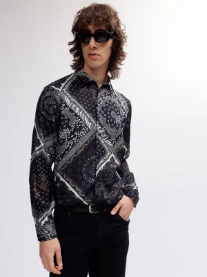 Just Cavalli Men Navy Blue Printed Spread Collar Regular Fit Full Sleeves Shirt