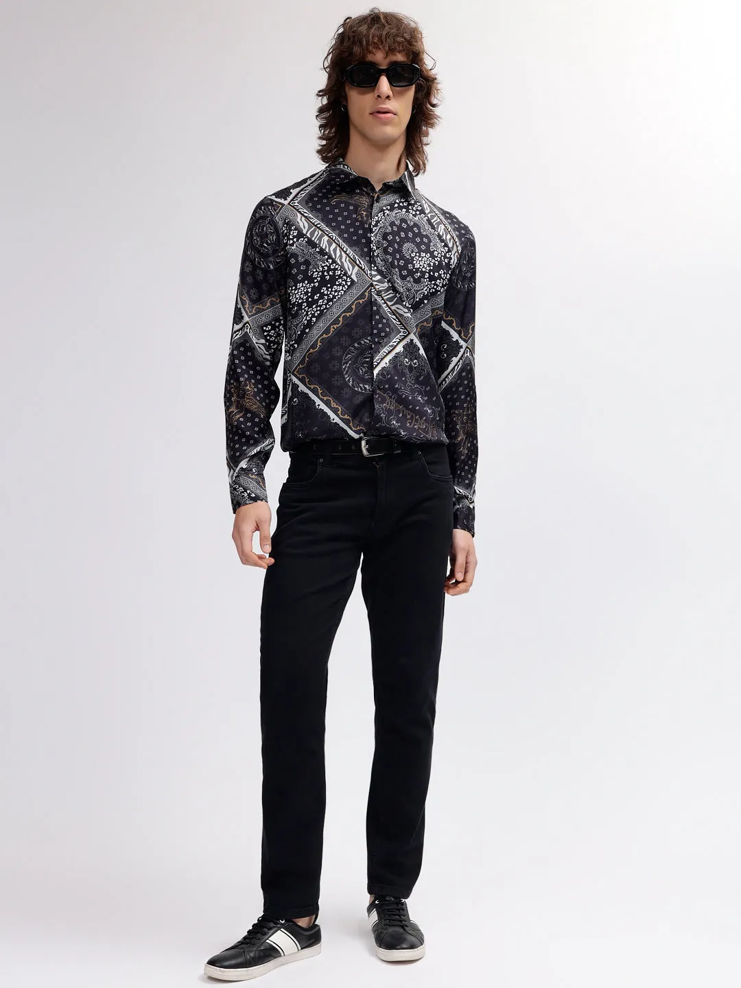 Just Cavalli Men Navy Blue Printed Spread Collar Regular Fit Full Sleeves Shirt