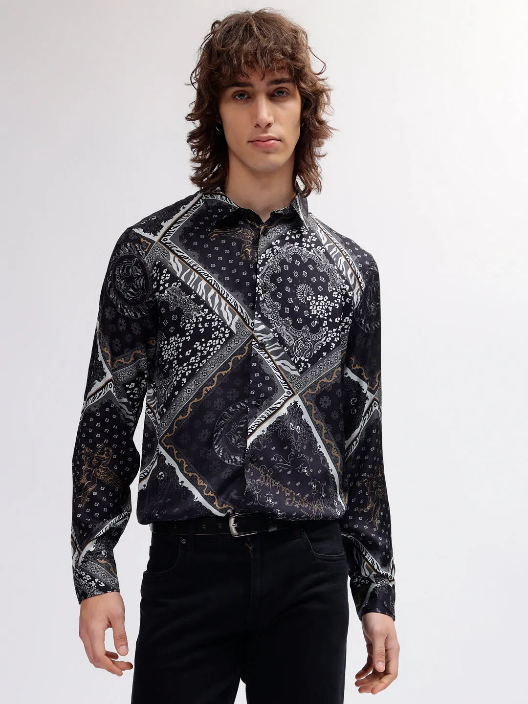 Just Cavalli Men Navy Blue Printed Spread Collar Regular Fit Full Sleeves Shirt