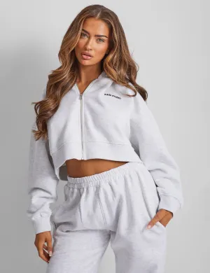 Kaiia Studio Cropped Zip Through Hoodie Light Grey Marl
