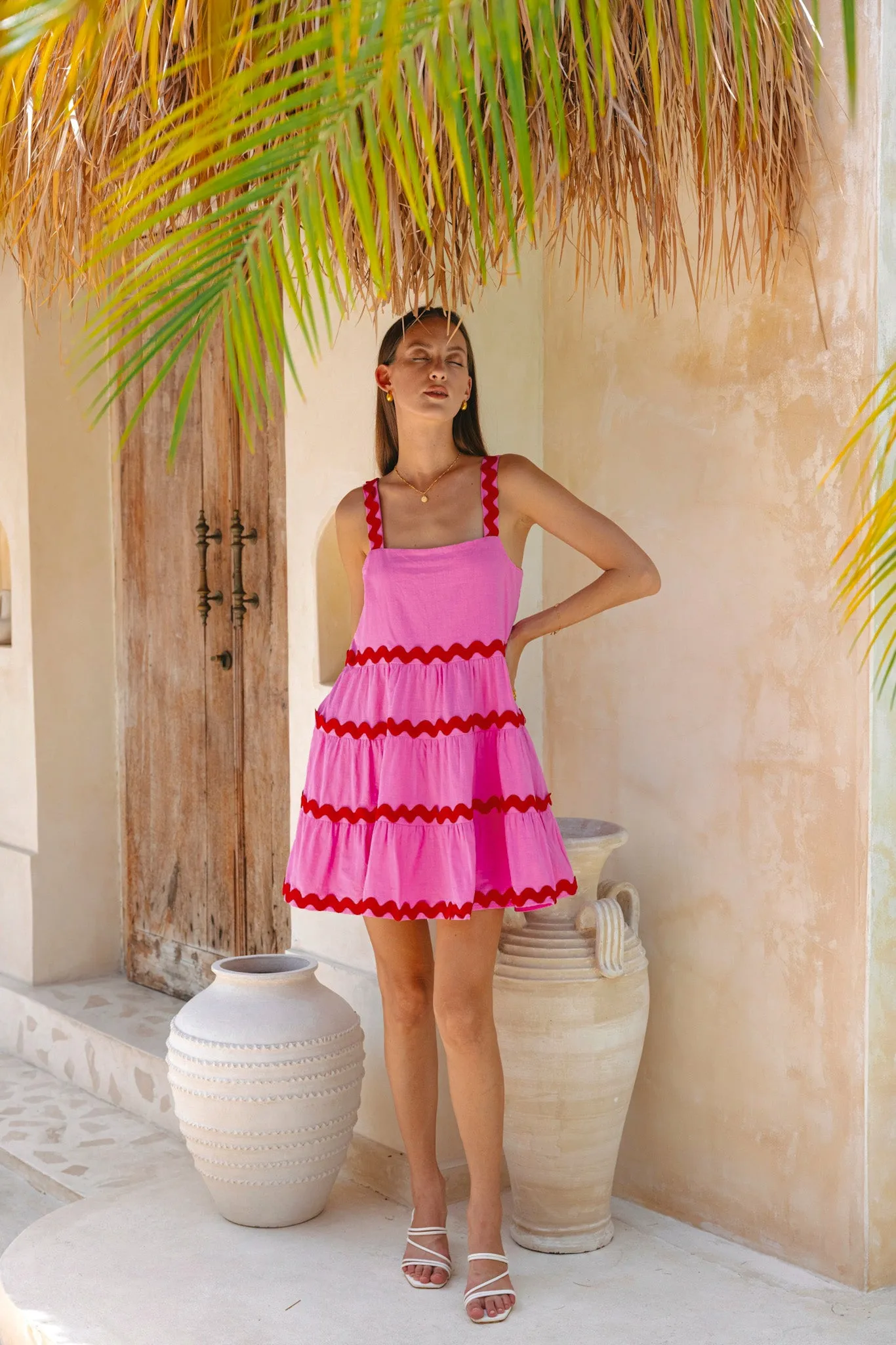 Kalliope Pink Red Ric Rac Tiered Mini Dress