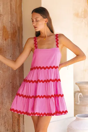 Kalliope Pink Red Ric Rac Tiered Mini Dress