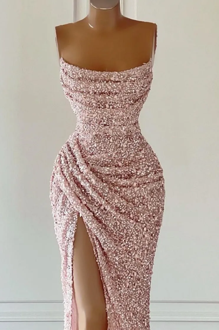 kamahe Gorgeous Pink Sequined Sleeveless Prom Dress With Slit