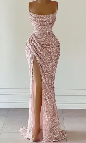 kamahe Gorgeous Pink Sequined Sleeveless Prom Dress With Slit