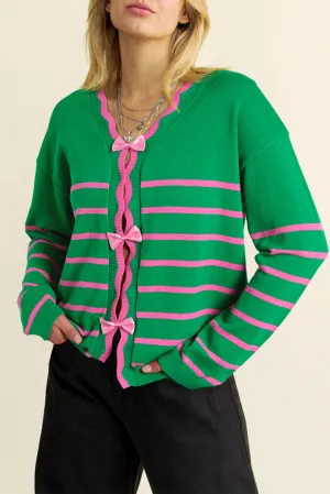 kesley Bow Striped V-Neck Long Sleeve Cardigan