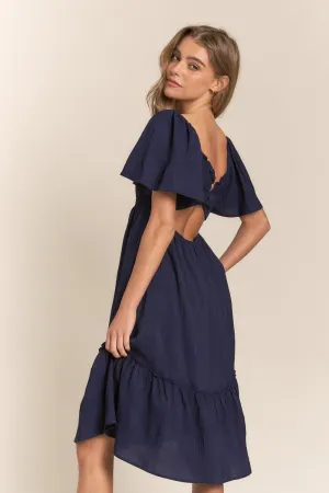 KESLEY Smocked Bow Back Ruffle Hem Casual Short Sleeve Dress