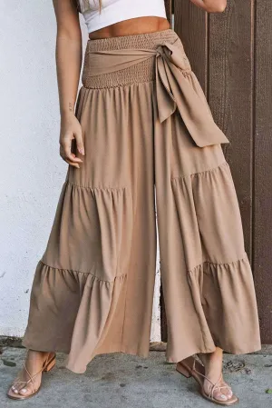 Khaki Lace Up Smocked Waist Tiered Wide Leg Pants - Stylish Comfort