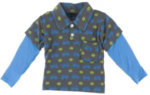 KicKee Pants Stone Tractor Print Long Sleeve Double Layer Polo