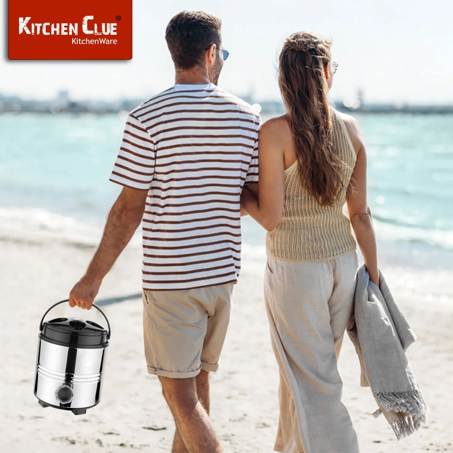 KITCHEN CLUE Insulated Water Dispenser For Office Home Kitchen, 3 Liter, Silver, Double Walled Stainless Steel I Hot And Cold Water Jug With Sturdy Handle I BPA free I Steel Office Water Jug/Dispenser