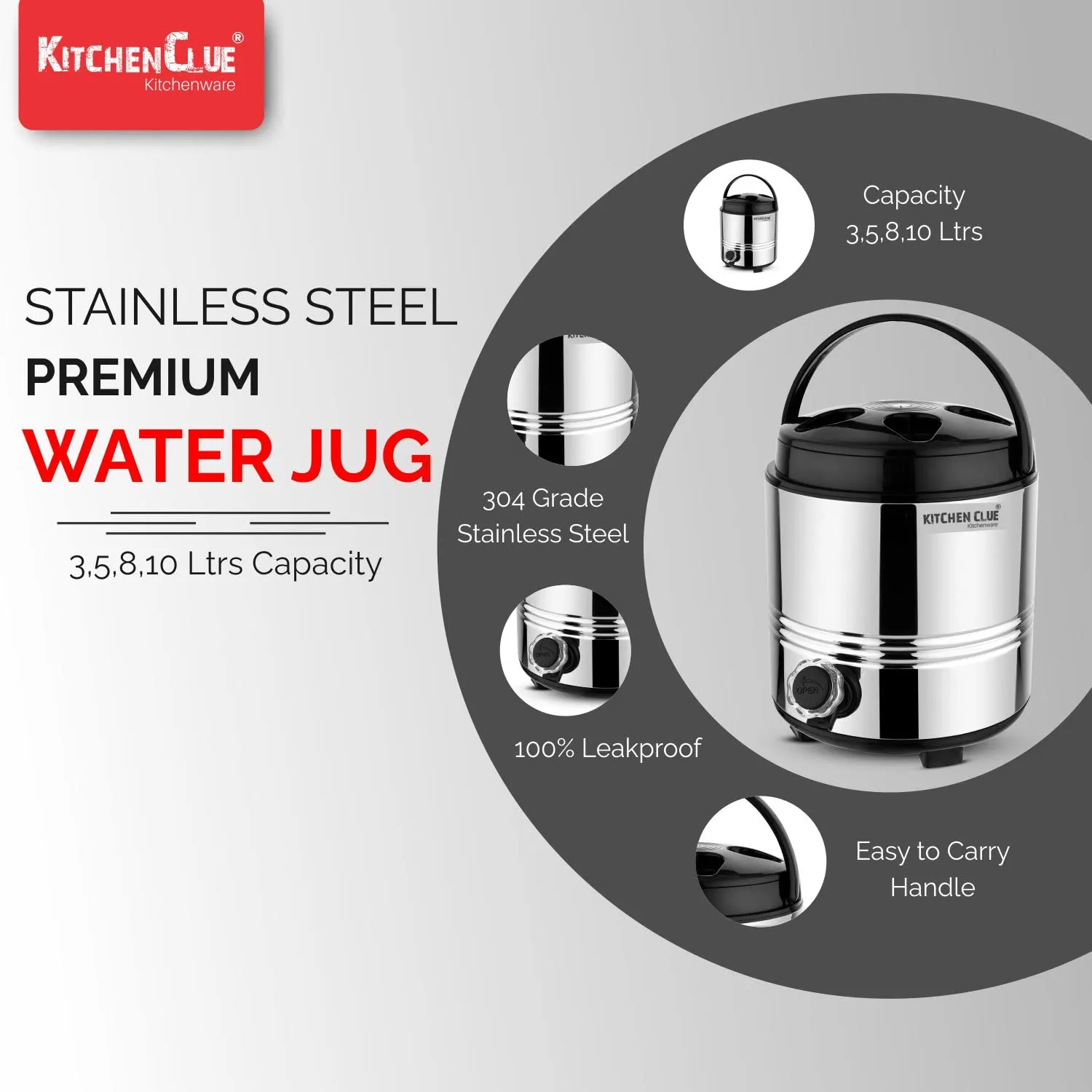 KITCHEN CLUE Insulated Water Dispenser For Office Home Kitchen, 3 Liter, Silver, Double Walled Stainless Steel I Hot And Cold Water Jug With Sturdy Handle I BPA free I Steel Office Water Jug/Dispenser