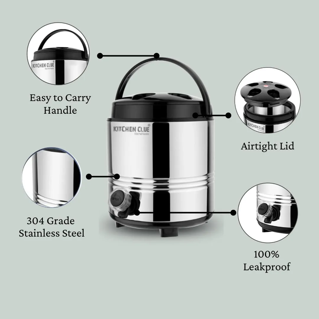 KITCHEN CLUE Insulated Water Dispenser For Office Home Kitchen, 3 Liter, Silver, Double Walled Stainless Steel I Hot And Cold Water Jug With Sturdy Handle I BPA free I Steel Office Water Jug/Dispenser
