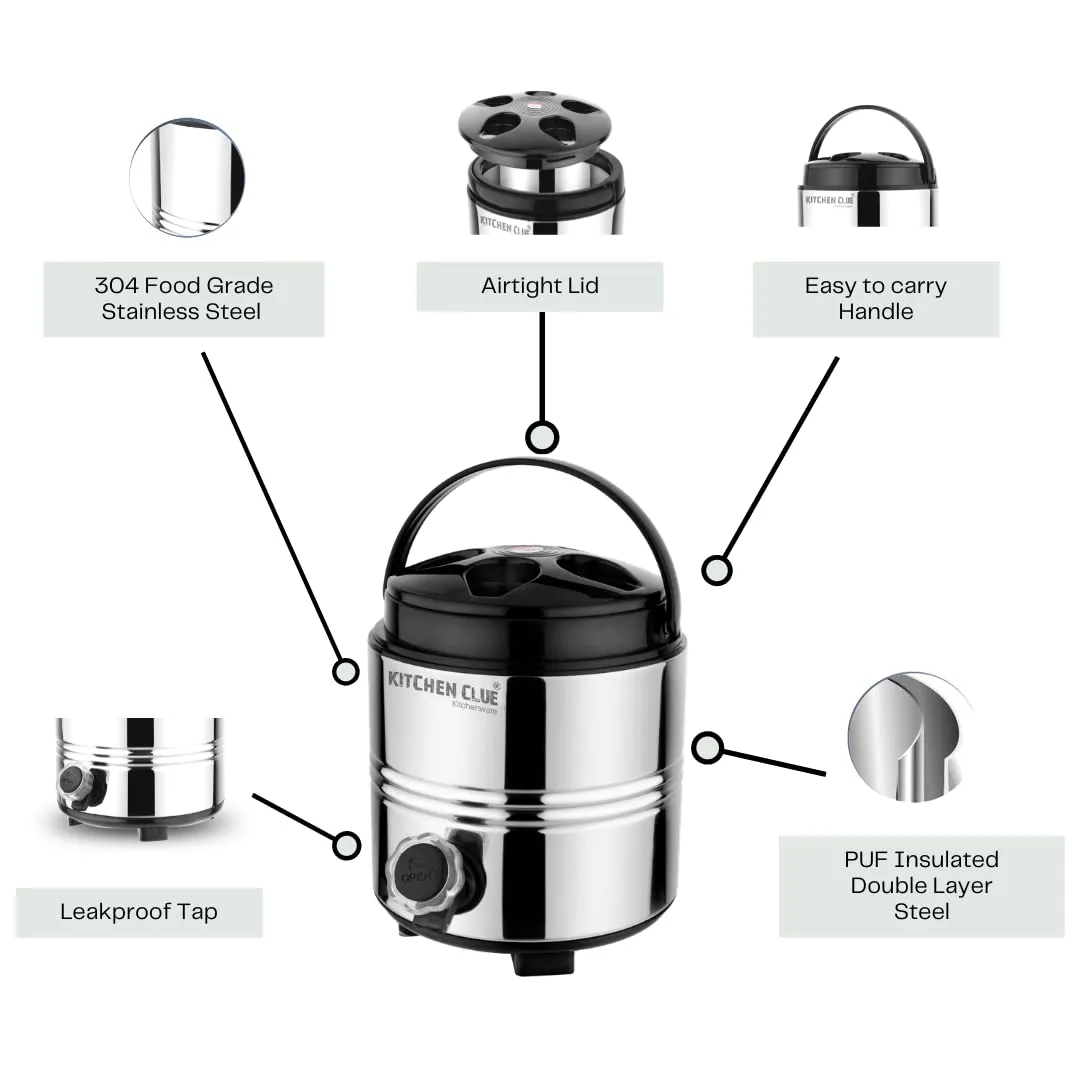 KITCHEN CLUE Insulated Water Dispenser For Office Home Kitchen, 3 Liter, Silver, Double Walled Stainless Steel I Hot And Cold Water Jug With Sturdy Handle I BPA free I Steel Office Water Jug/Dispenser