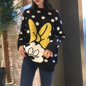 Knitted Cartoon Mouse Image Polka Dot Loose Fit  Sweater
