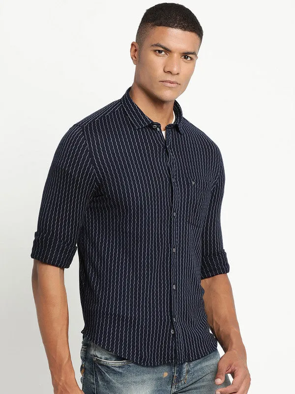 Knitted Navy Striped Ultra Slim Fit Casual Shirt