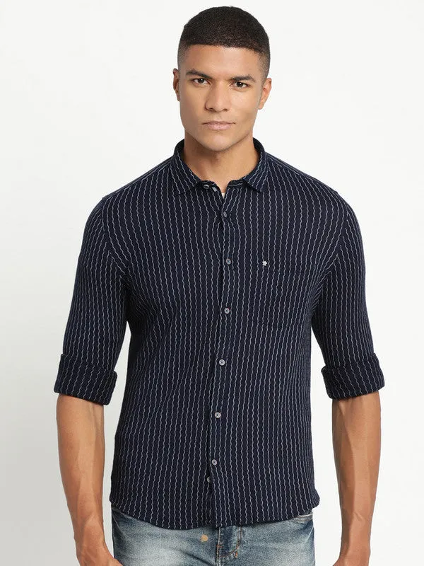 Knitted Navy Striped Ultra Slim Fit Casual Shirt