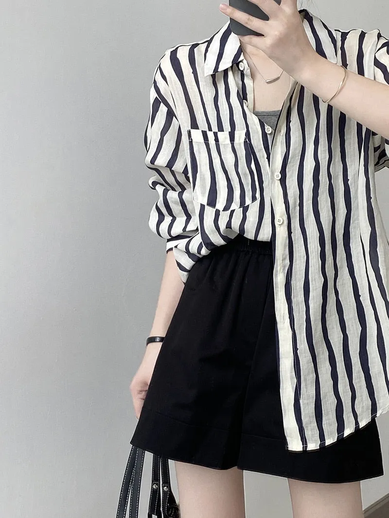 [Korean Style] 2 Colors Linen Striped Long-Sleeve Shirt