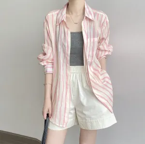 [Korean Style] 2 Colors Linen Striped Long-Sleeve Shirt