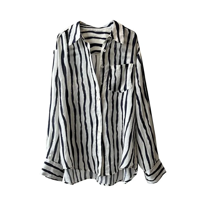 [Korean Style] 2 Colors Linen Striped Long-Sleeve Shirt