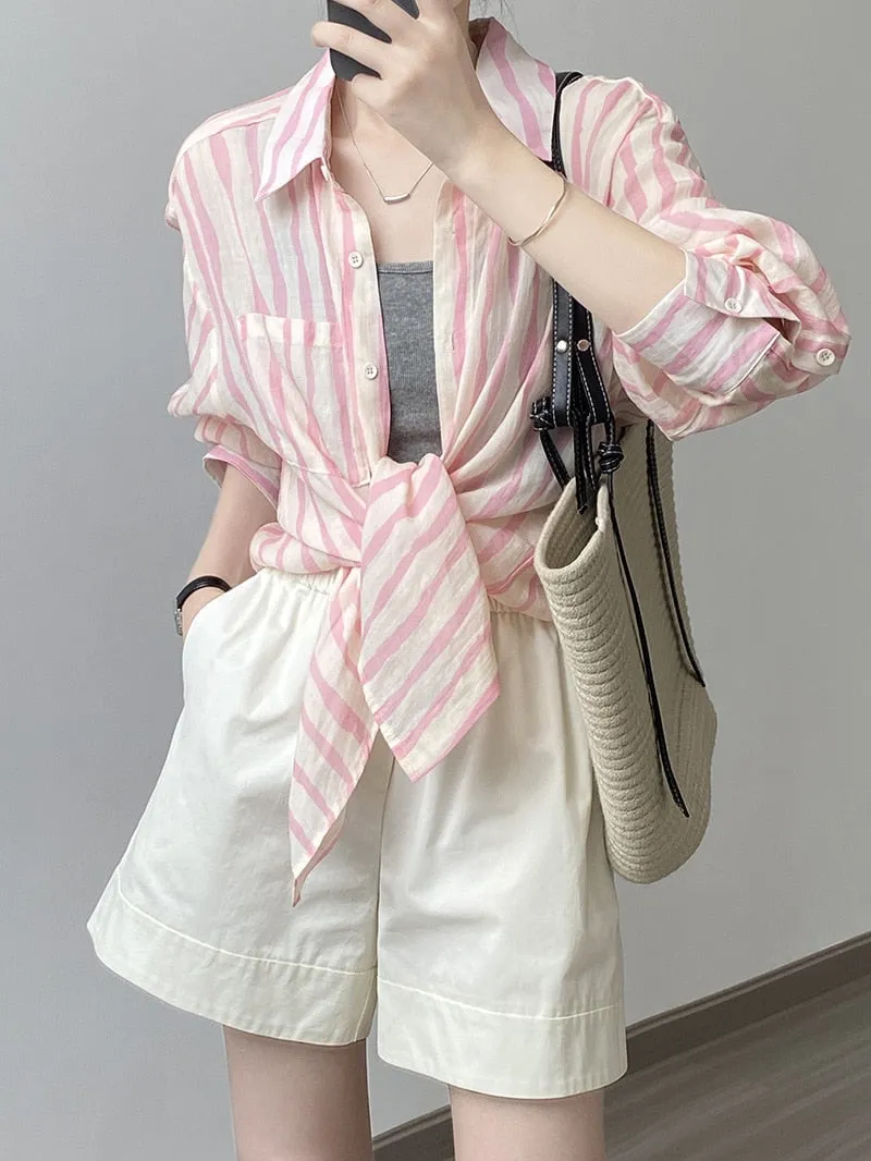 [Korean Style] 2 Colors Linen Striped Long-Sleeve Shirt