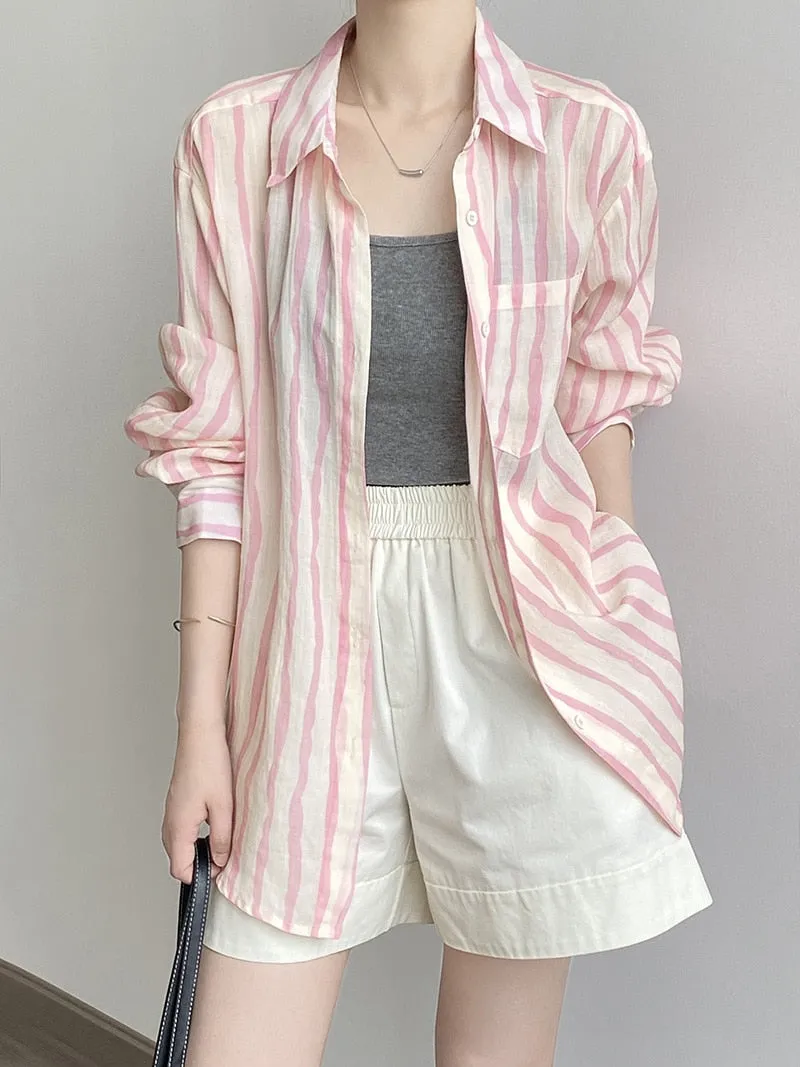 [Korean Style] 2 Colors Linen Striped Long-Sleeve Shirt